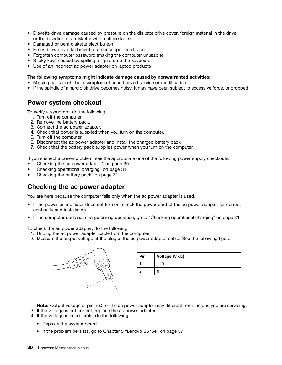 Power system checkout, Checking the ac power adapter | Lenovo B575e Notebook User Manual | Page 36 / 102