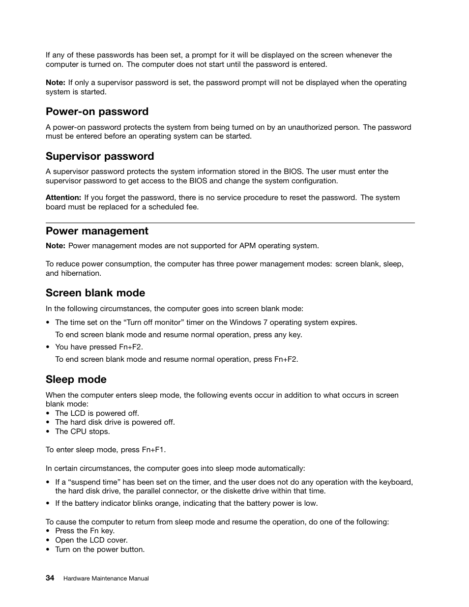 Power-on password, Supervisor password, Power management | Screen blank mode, Sleep mode | Lenovo B575e Notebook User Manual | Page 40 / 102