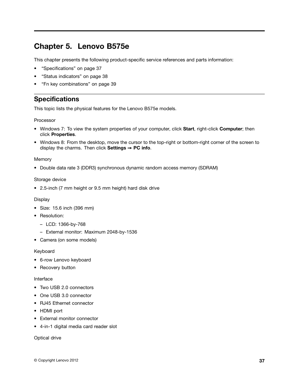 Chapter 5. lenovo b575e, Specifications | Lenovo B575e Notebook User Manual | Page 43 / 102