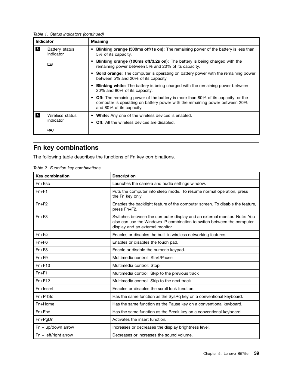Fn key combinations | Lenovo B575e Notebook User Manual | Page 45 / 102