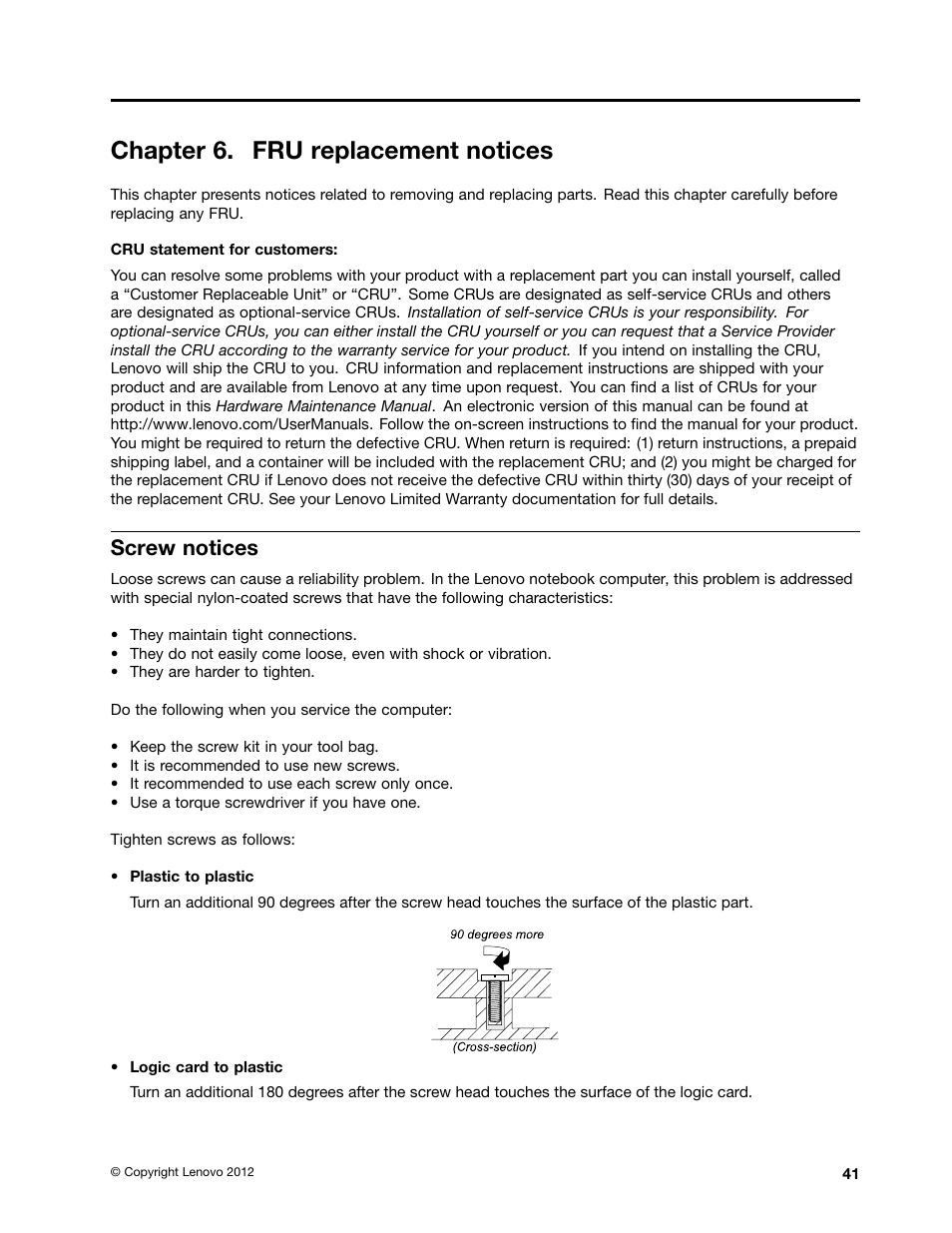 Chapter 6. fru replacement notices, Screw notices | Lenovo B575e Notebook User Manual | Page 47 / 102