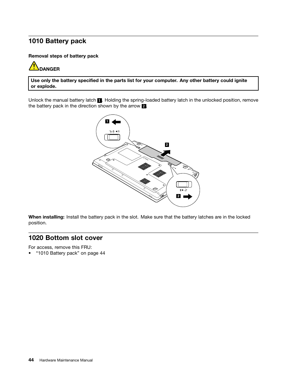 1010 battery pack, 1020 bottom slot cover | Lenovo B575e Notebook User Manual | Page 50 / 102