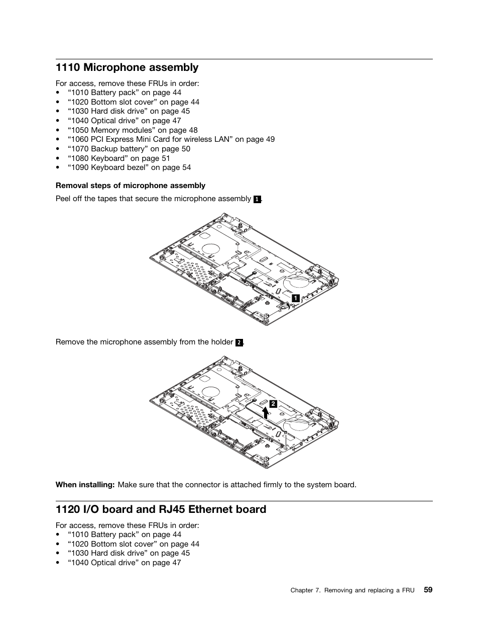 1110 microphone assembly, 1120 i/o board and rj45 ethernet board | Lenovo B575e Notebook User Manual | Page 65 / 102