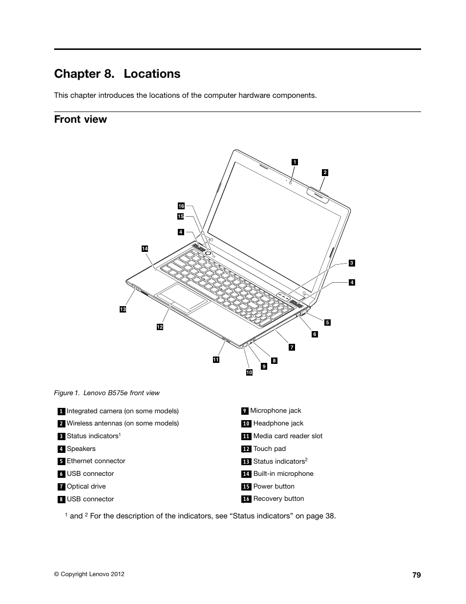 Chapter 8. locations, Front view | Lenovo B575e Notebook User Manual | Page 85 / 102