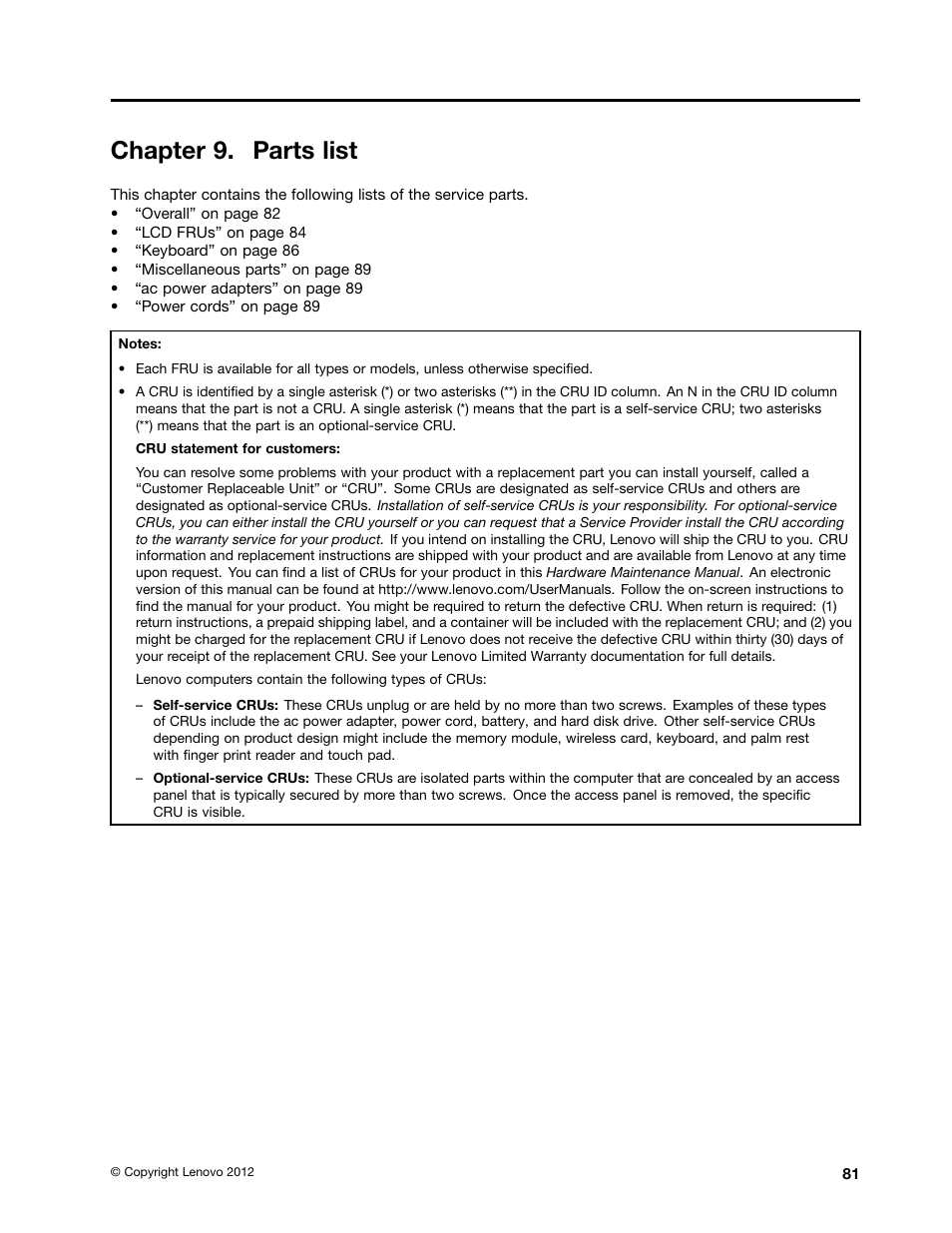 Chapter 9. parts list | Lenovo B575e Notebook User Manual | Page 87 / 102