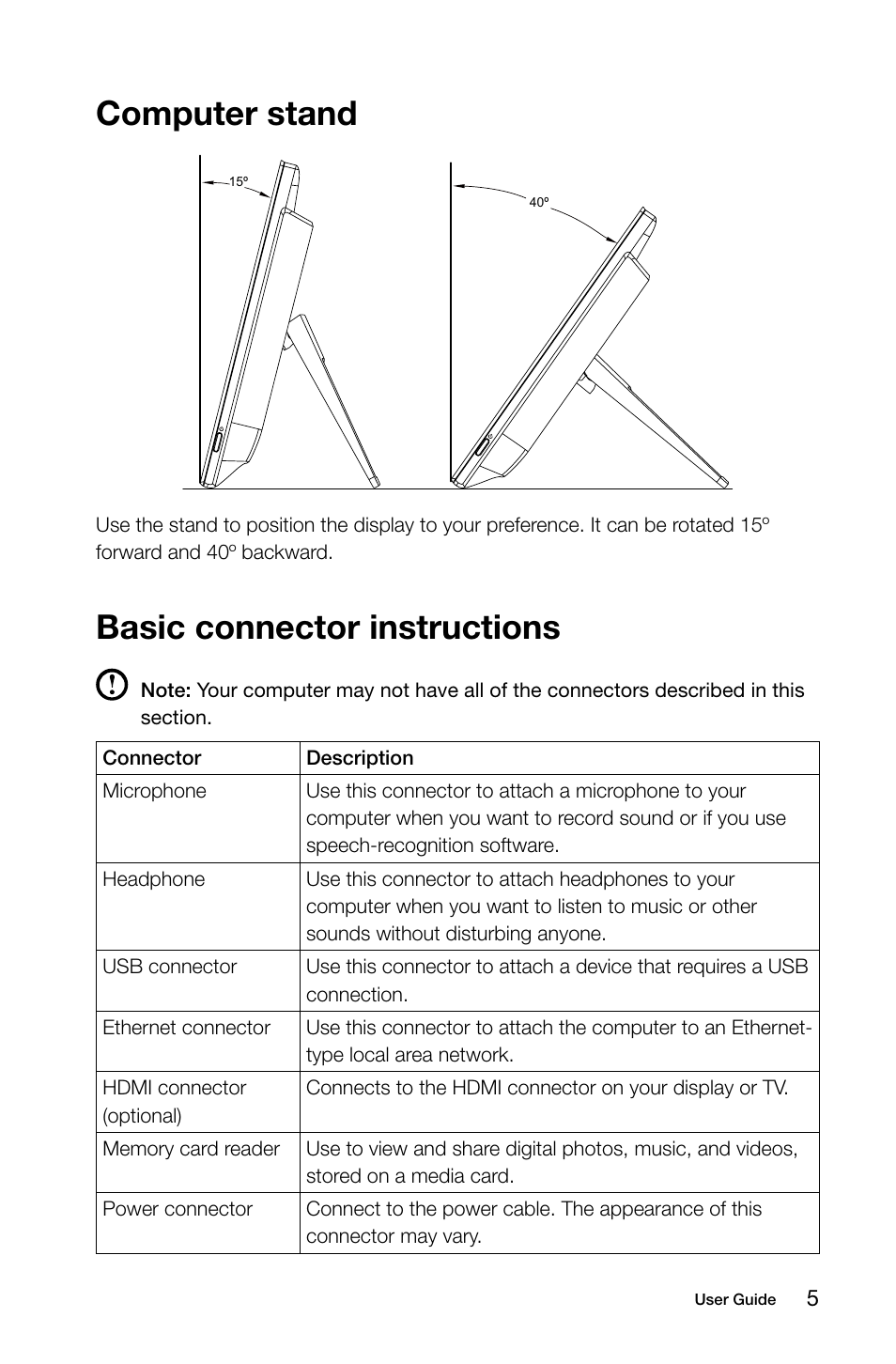 Computer stand, Basic connector instructions | Lenovo C255 All-in-One User Manual | Page 10 / 45