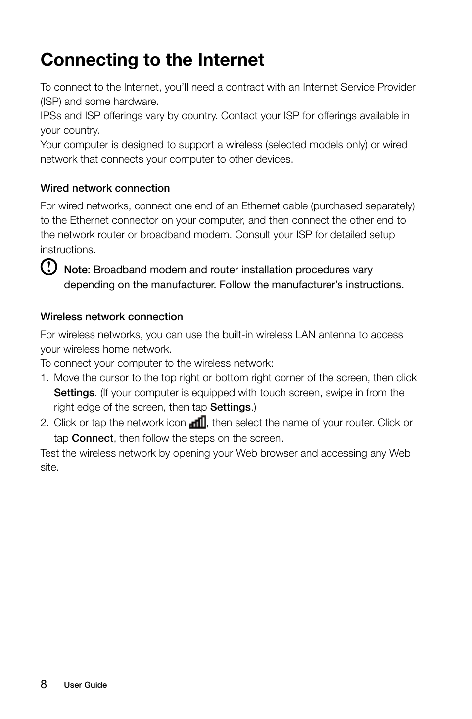 Connecting to the internet | Lenovo C255 All-in-One User Manual | Page 13 / 45