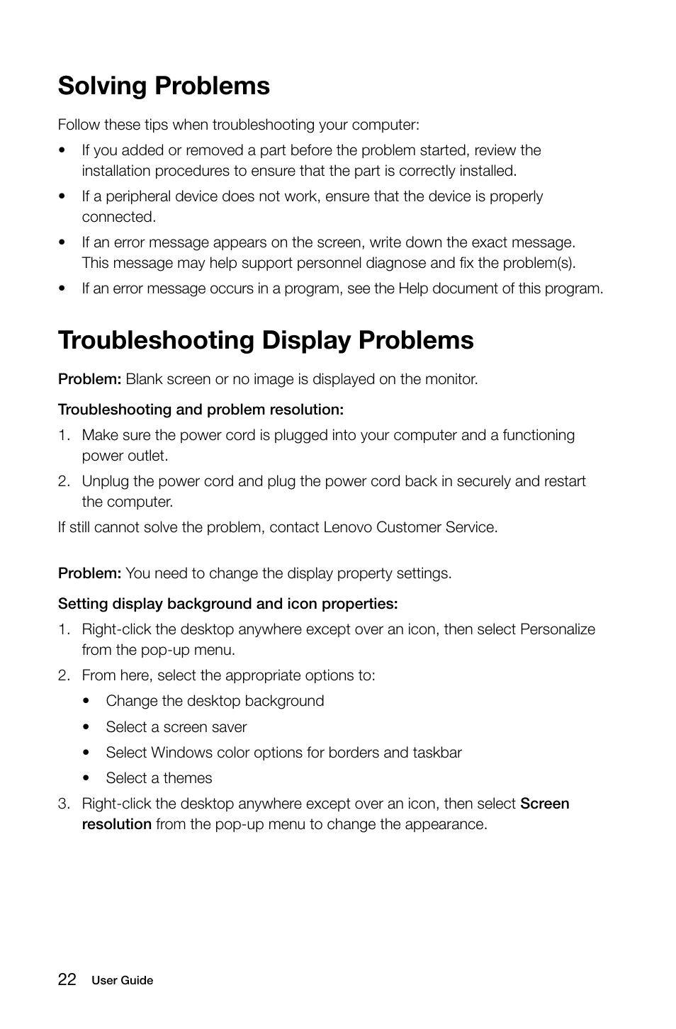 Troubleshooting display problems, Solving problems | Lenovo C255 All-in-One User Manual | Page 27 / 45