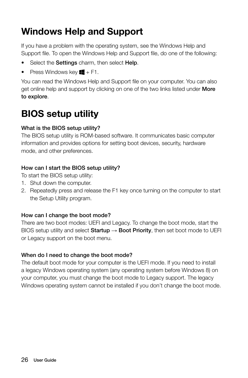 Windows help and support, Bios setup utility | Lenovo C255 All-in-One User Manual | Page 31 / 45