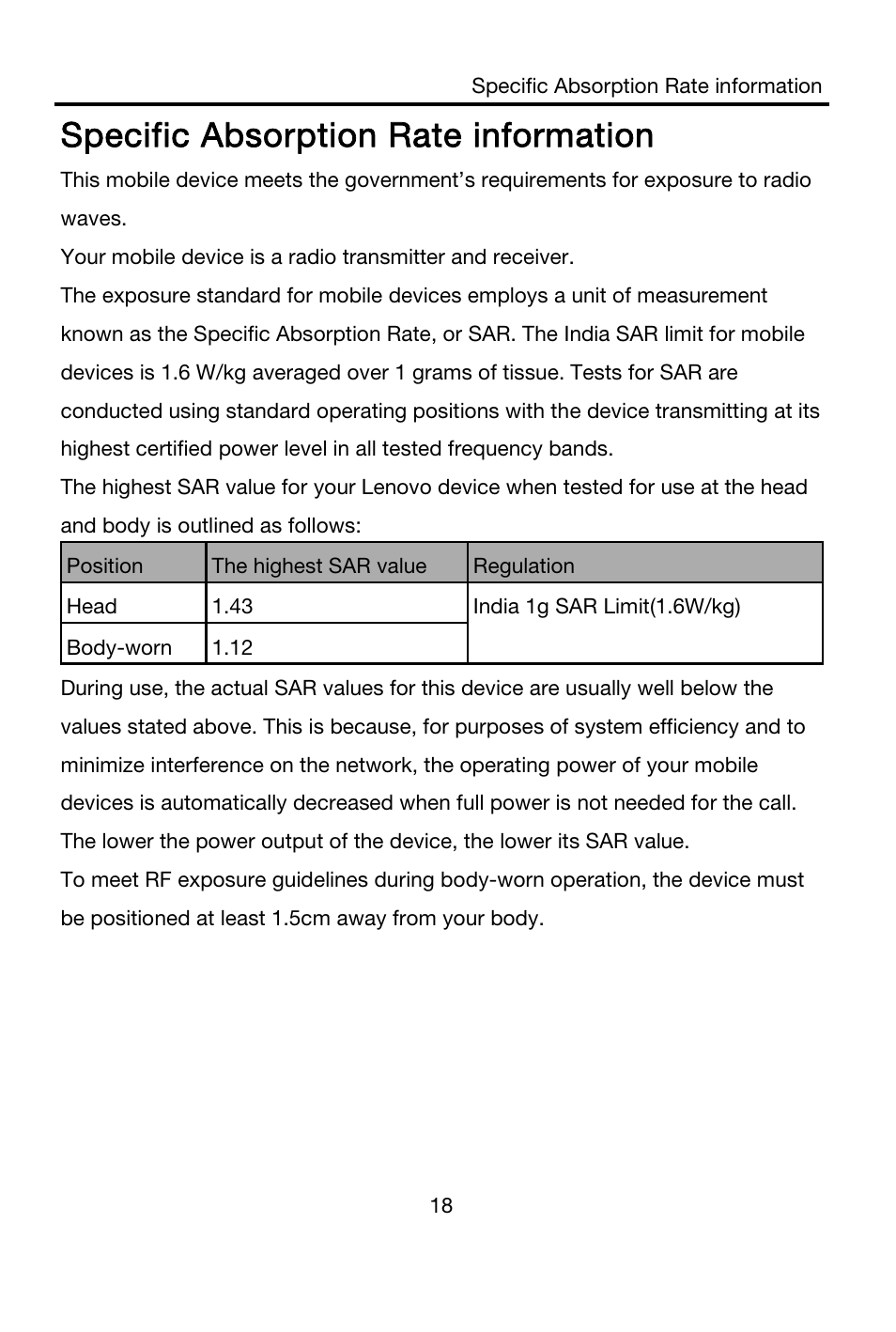 Specific absorption rate information | Lenovo K910L Smartphone User Manual | Page 20 / 21