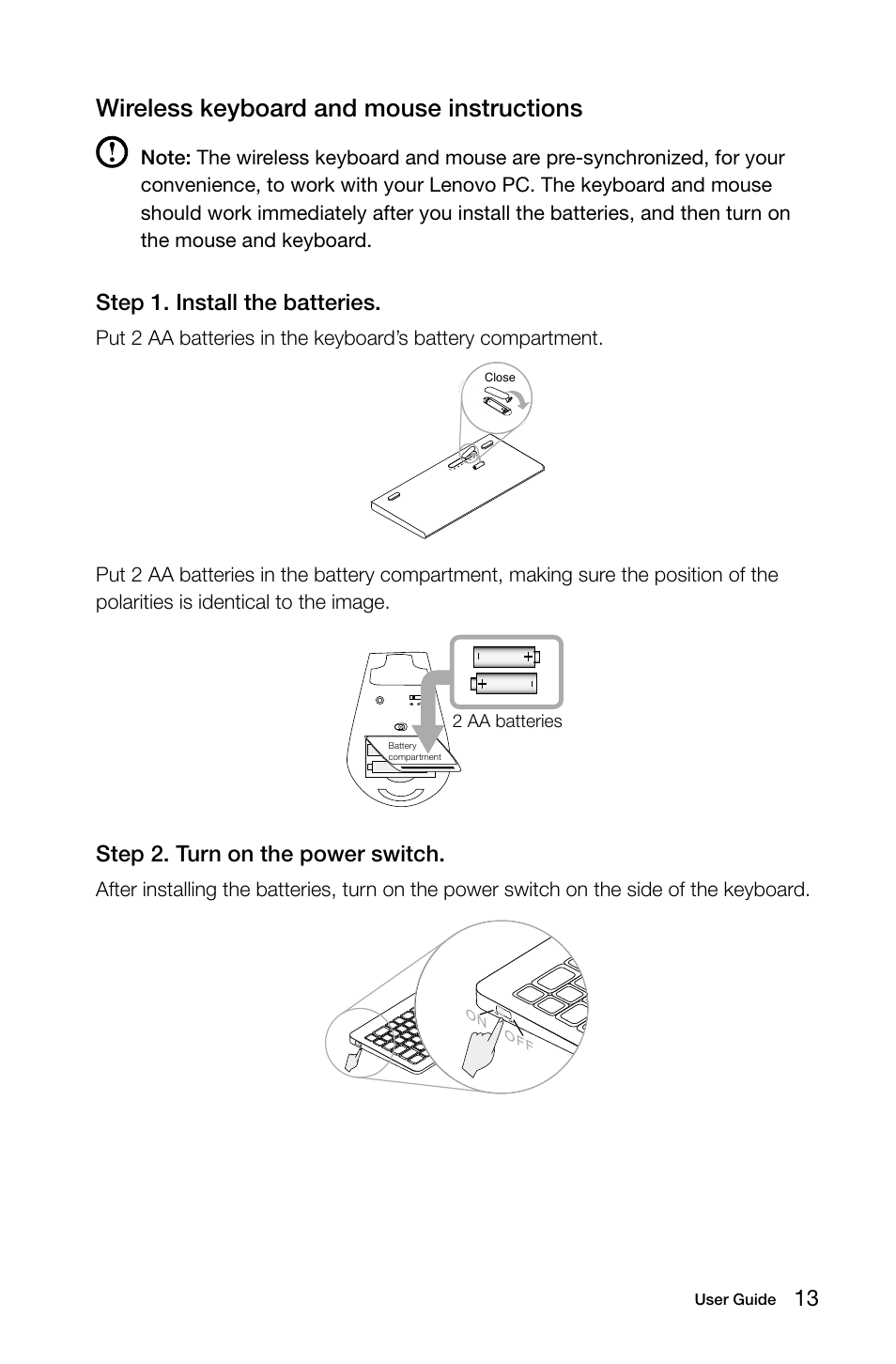 Wireless keyboard and mouse instructions, Step 1. install the batteries, Step 2. turn on the power switch | Lenovo IdeaCentre B325 User Manual | Page 18 / 53