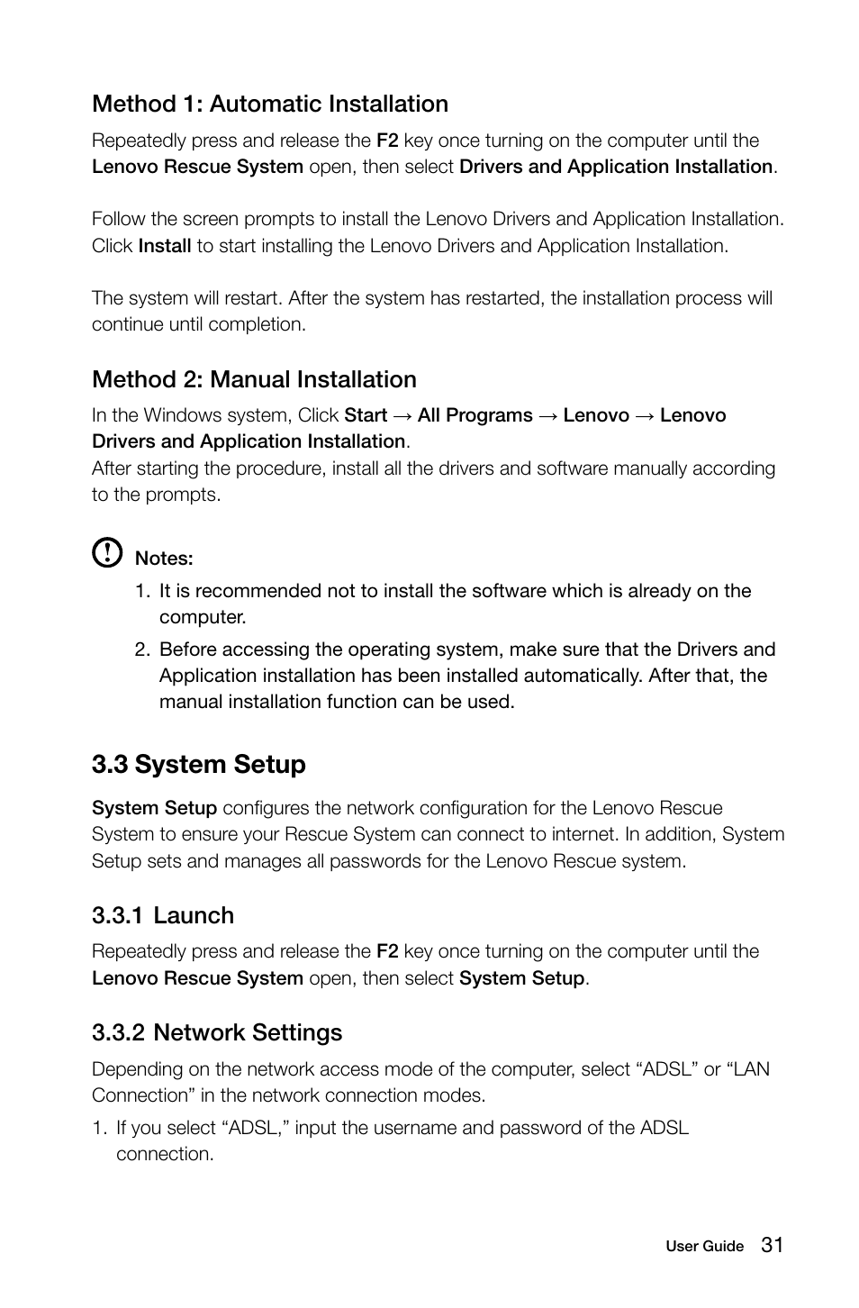 3 system setup, Method 1: automatic installation, Method 2: manual installation | 1 launch, 2 network settings | Lenovo IdeaCentre B325 User Manual | Page 36 / 53