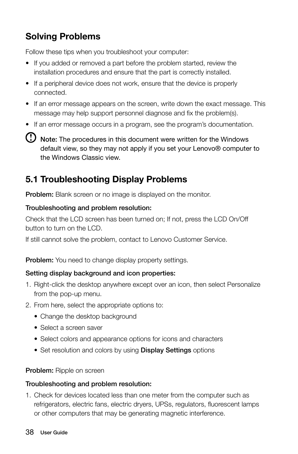 1 troubleshooting display problems, Solving problems | Lenovo IdeaCentre B325 User Manual | Page 43 / 53