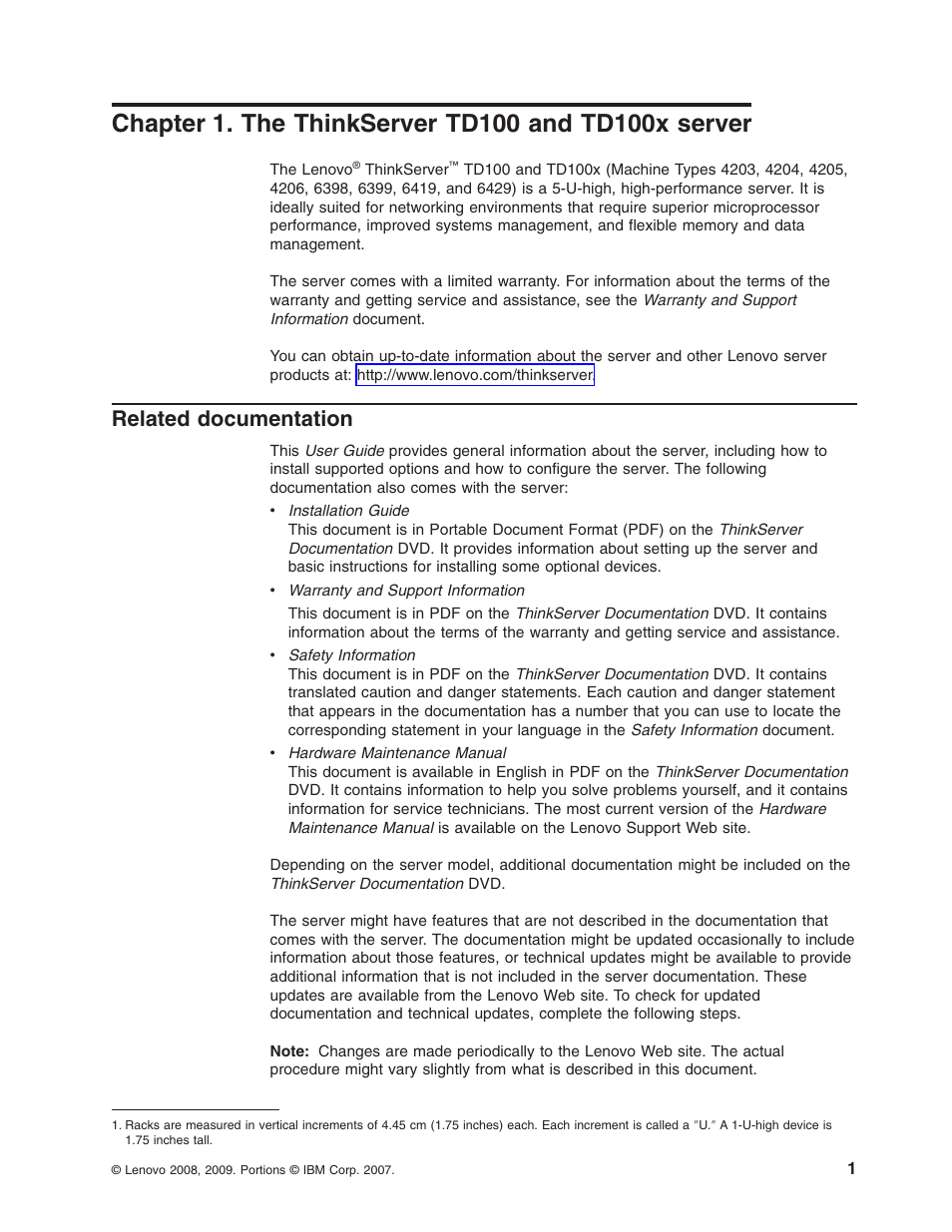 Chapter 1. the thinkserver td100 and td100x server, Related documentation, Chapter | Thinkserver, Td100, Td100x, Server, Related, Documentation | Lenovo ThinkServer TD100x User Manual | Page 15 / 98