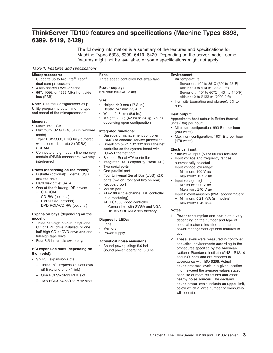 Thinkserver, Td100, Features | Specifications, Machine, Types | Lenovo ThinkServer TD100x User Manual | Page 17 / 98
