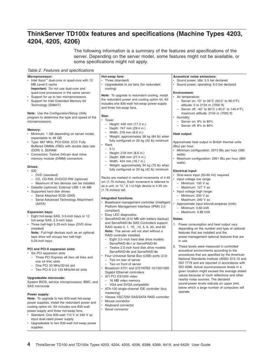 Thinkserver, Td100x, Features | Specifications, Machine, Types | Lenovo ThinkServer TD100x User Manual | Page 18 / 98