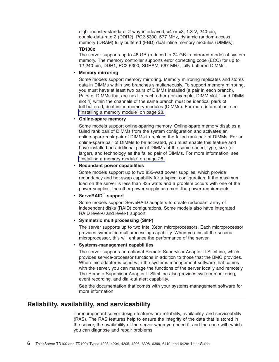 Reliability, availability, and serviceability, Reliability, Availability | Serviceability | Lenovo ThinkServer TD100x User Manual | Page 20 / 98