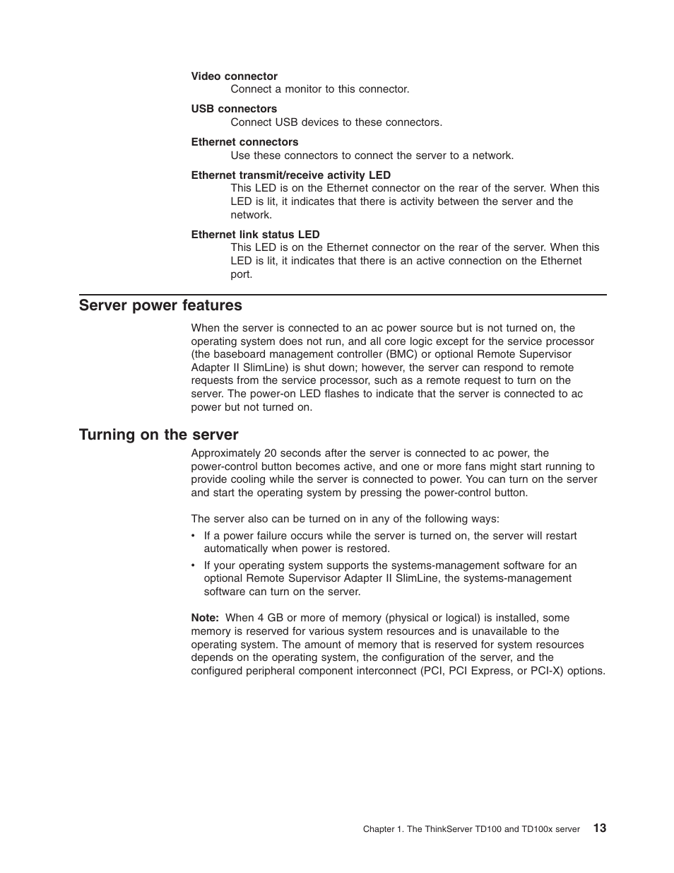 Server power features, Turning on the server, Server | Power, Features, Turning | Lenovo ThinkServer TD100x User Manual | Page 27 / 98