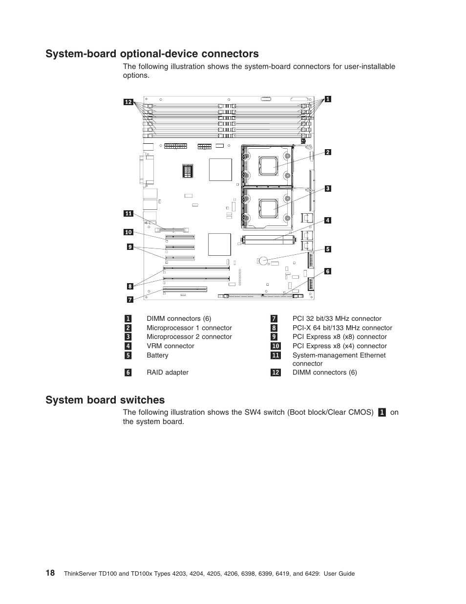 System-board optional-device connectors, System board switches, System-board | Optional-device, Connectors, System, Board, Switches | Lenovo ThinkServer TD100x User Manual | Page 32 / 98