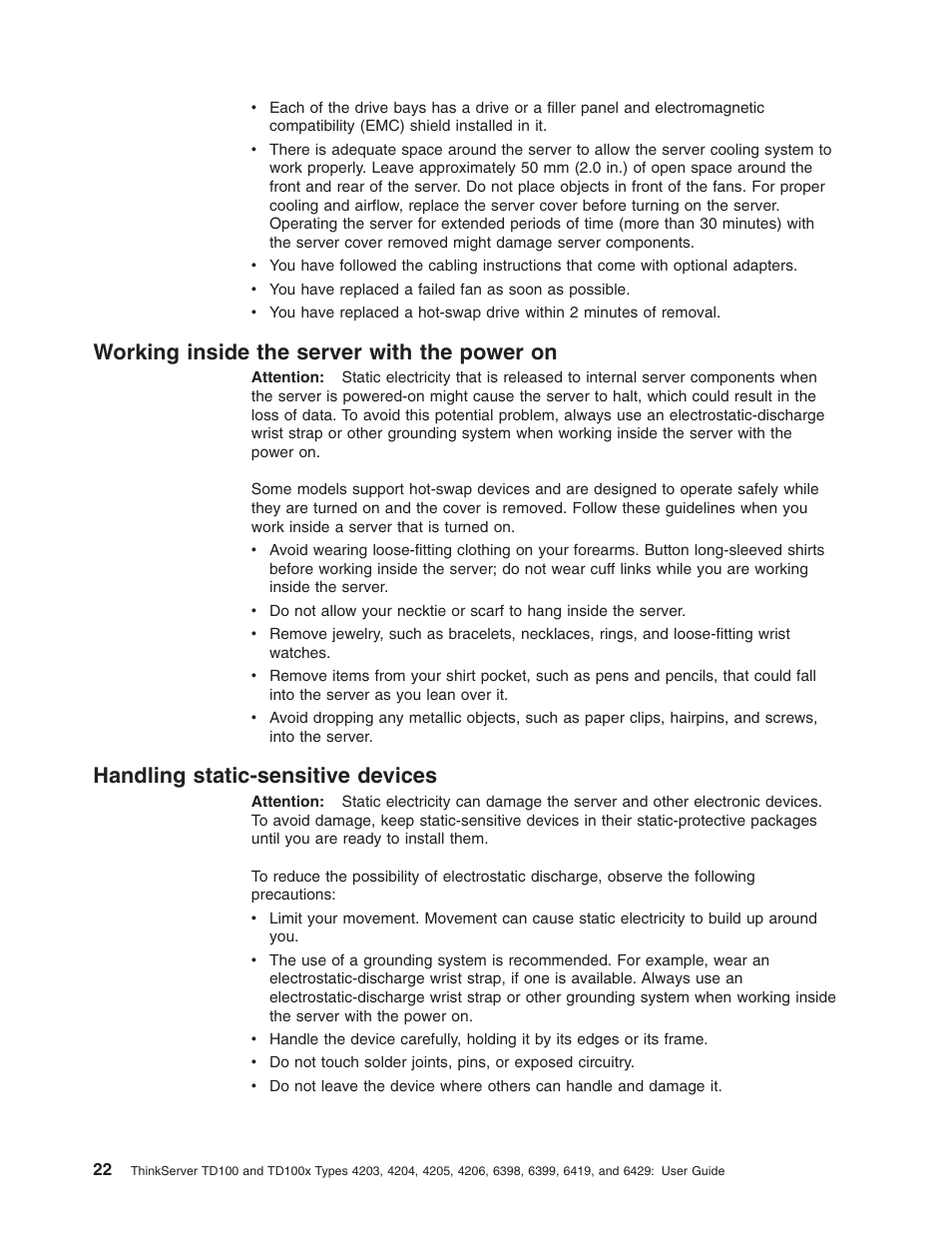 Working inside the server with the power on, Handling static-sensitive devices, Working | Inside, Server, With, Power, Handling, Static-sensitive, Devices | Lenovo ThinkServer TD100x User Manual | Page 36 / 98