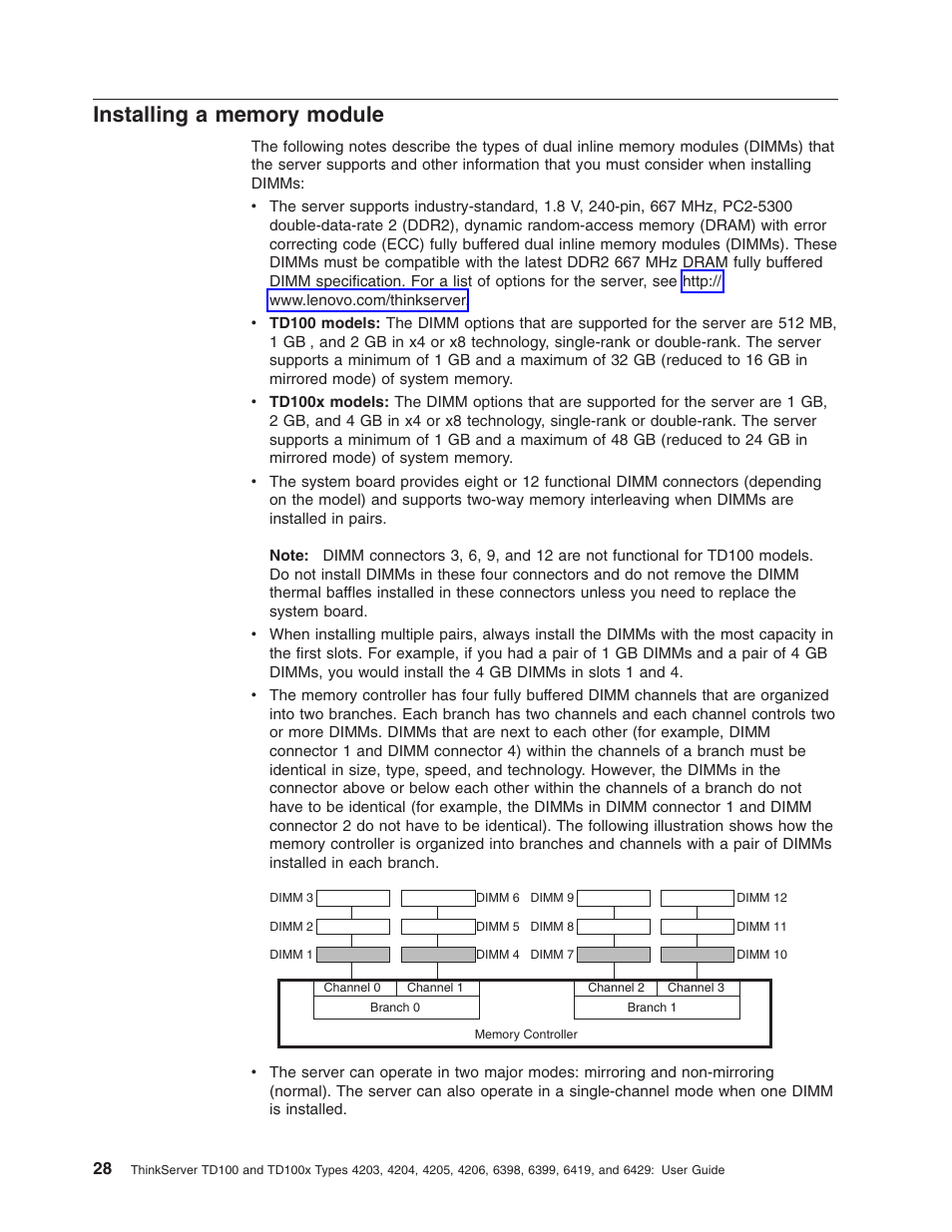 Installing a memory module, Installing, Memory | Module | Lenovo ThinkServer TD100x User Manual | Page 42 / 98