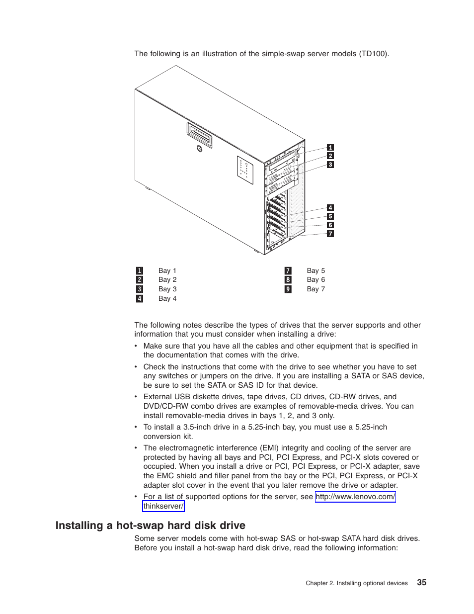Installing a hot-swap hard disk drive, Installing, Hot-swap | Hard, Disk, Drive | Lenovo ThinkServer TD100x User Manual | Page 49 / 98