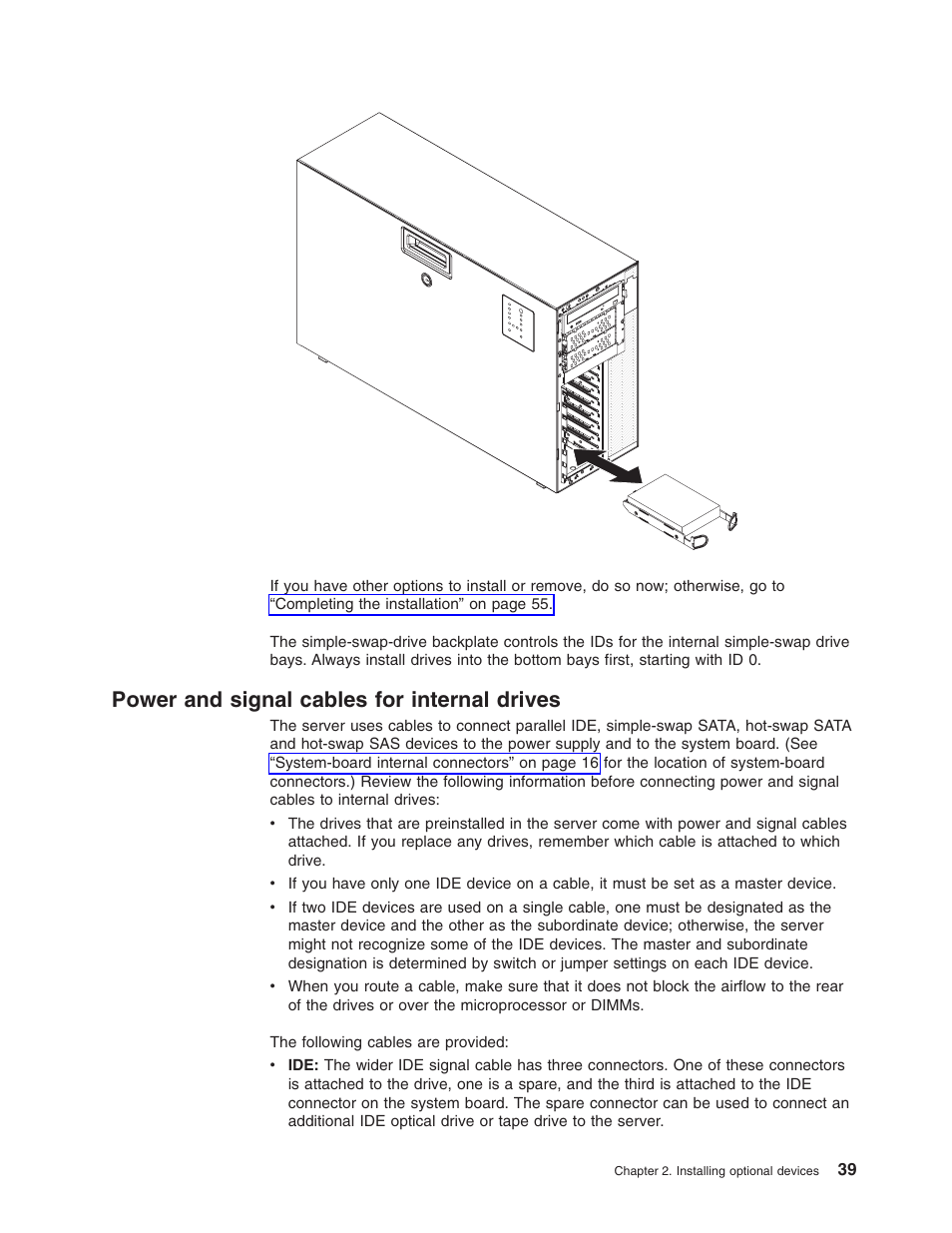 Power and signal cables for internal drives, Power, Signal | Cables, Internal, Drives | Lenovo ThinkServer TD100x User Manual | Page 53 / 98