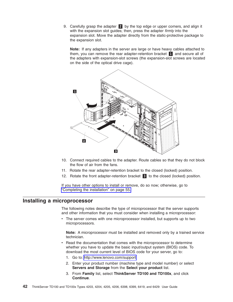 Installing a microprocessor, Installing, Microprocessor | Lenovo ThinkServer TD100x User Manual | Page 56 / 98