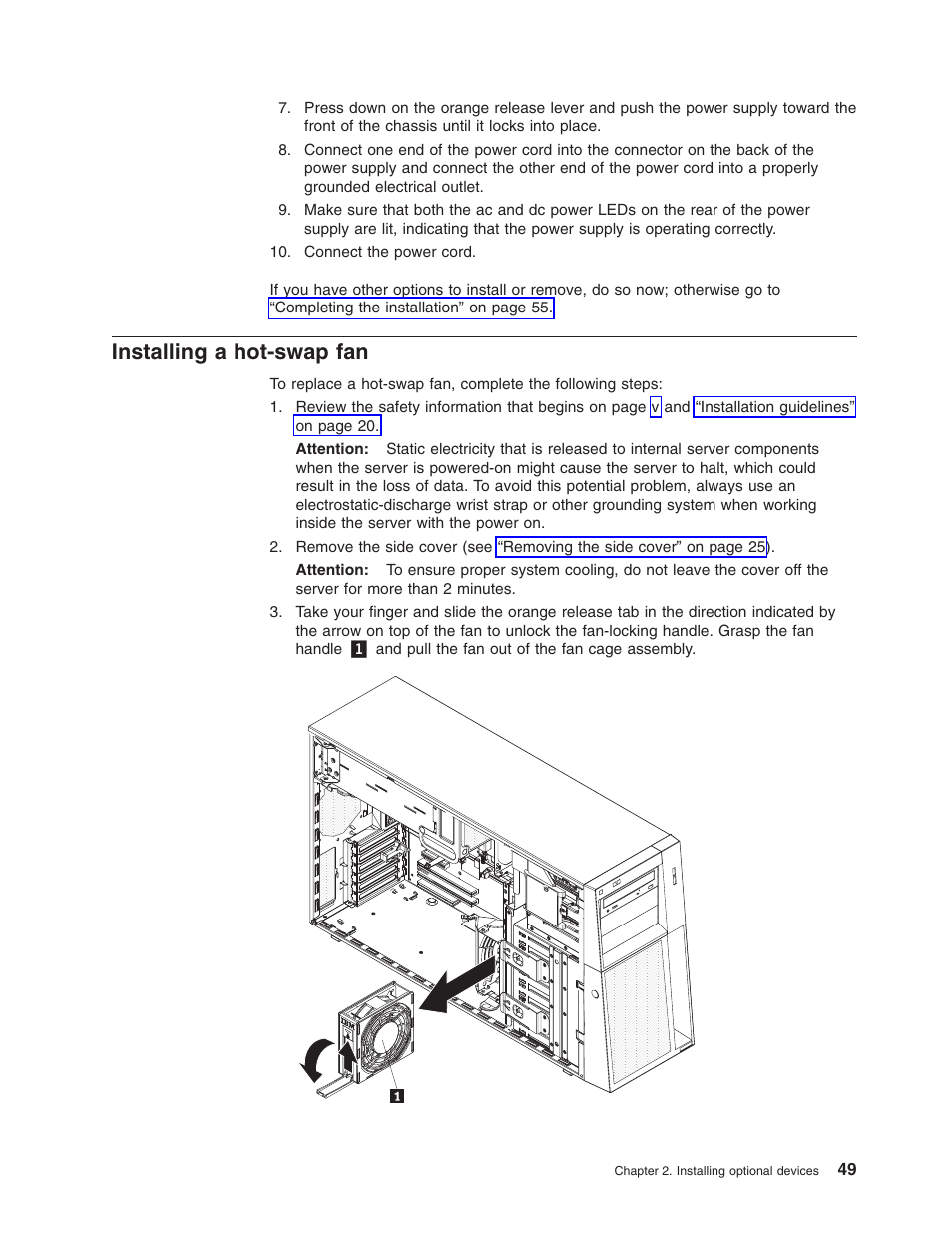 Installing a hot-swap fan, Installing, Hot-swap | Lenovo ThinkServer TD100x User Manual | Page 63 / 98