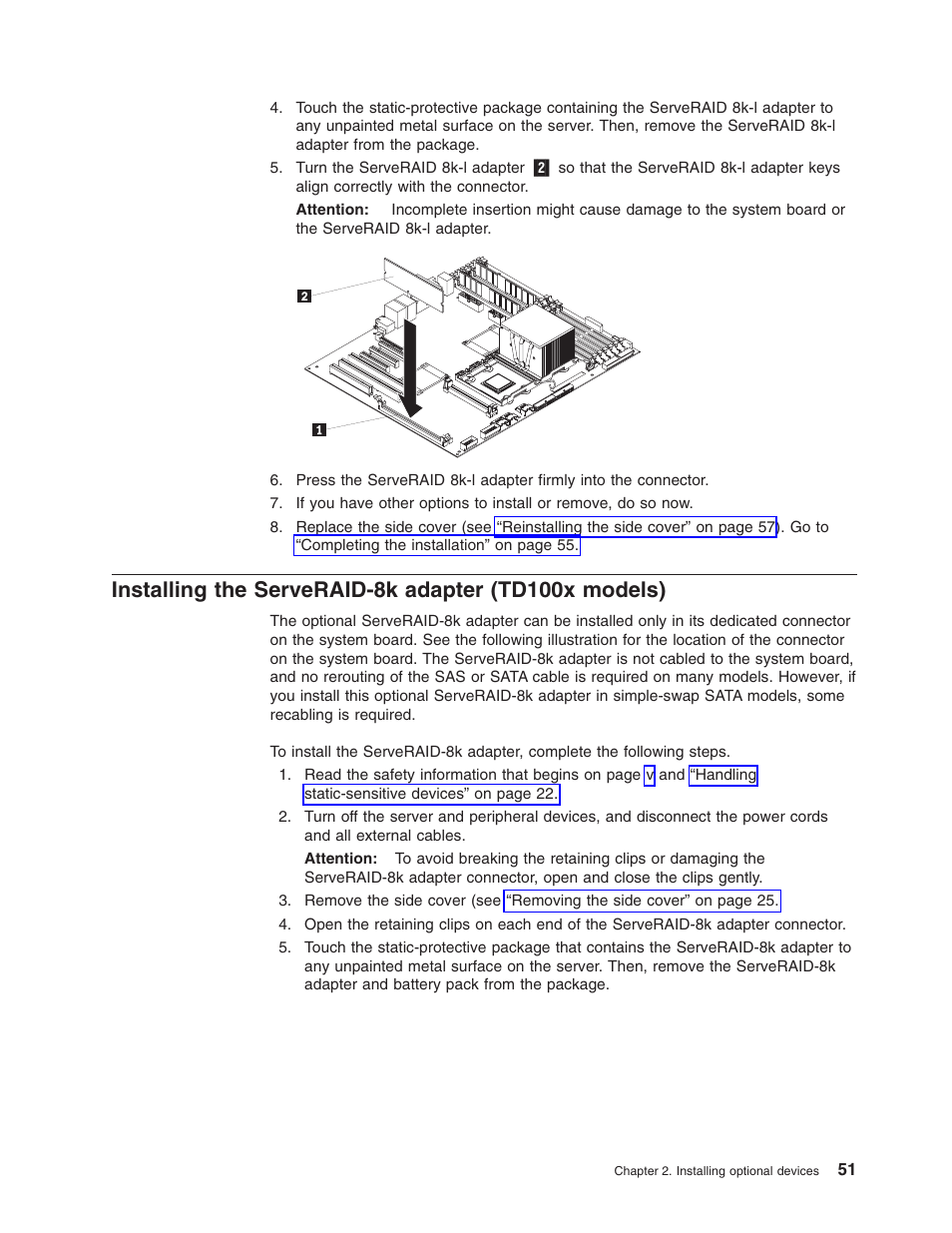 Installing, Serveraid-8k, Adapter | Td100x, Models) | Lenovo ThinkServer TD100x User Manual | Page 65 / 98