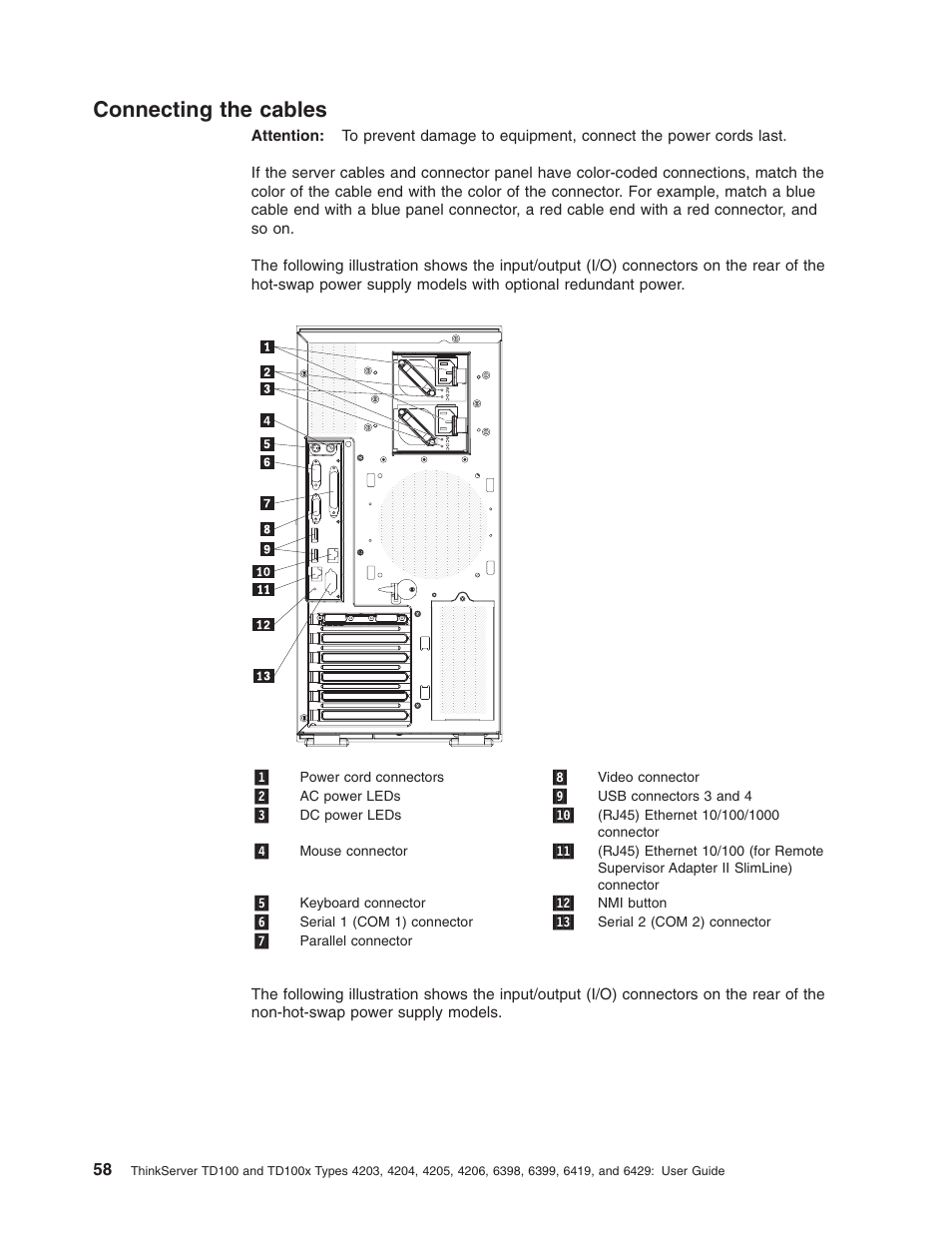 Connecting the cables, Connecting, Cables | Lenovo ThinkServer TD100x User Manual | Page 72 / 98