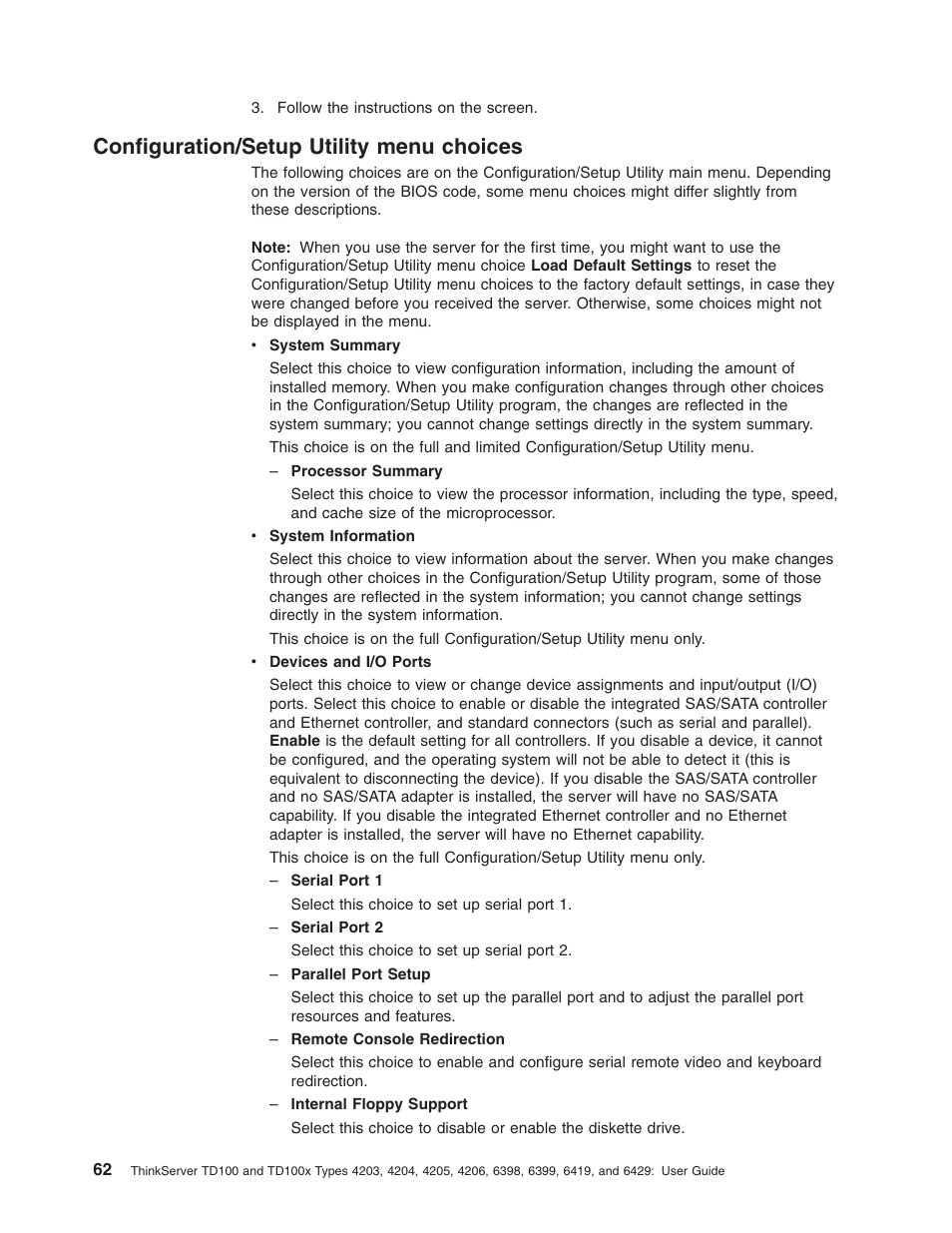 Configuration/setup utility menu choices, Configuration/setup, Utility | Menu, Choices | Lenovo ThinkServer TD100x User Manual | Page 76 / 98