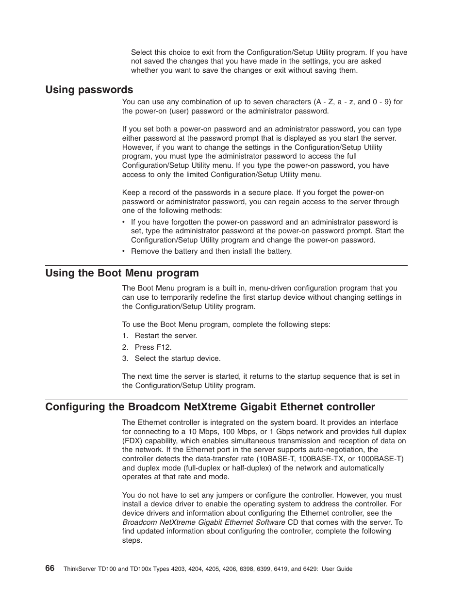 Using passwords, Using the boot menu program, Using | Passwords, Boot, Menu, Program, Configuring, Broadcom, Netxtreme | Lenovo ThinkServer TD100x User Manual | Page 80 / 98
