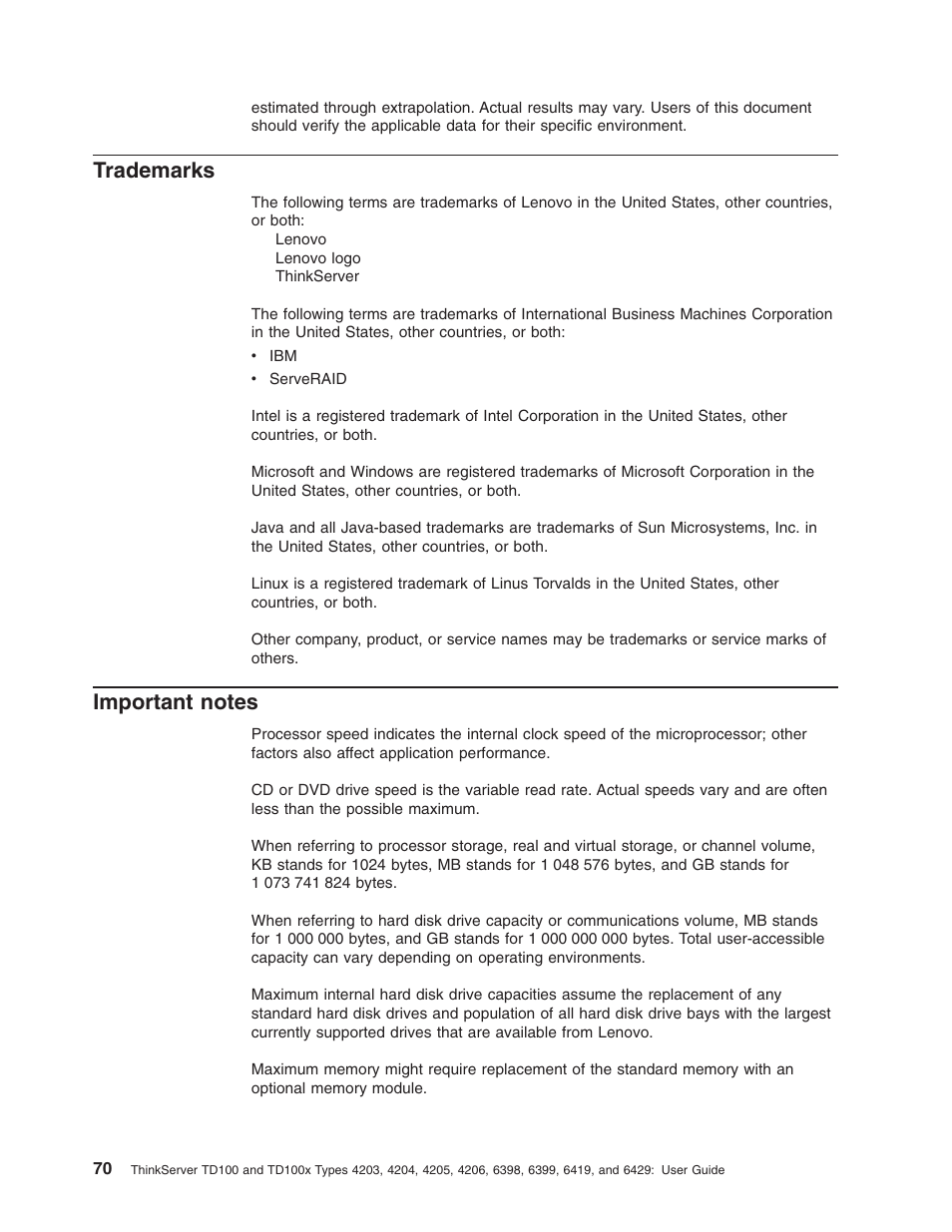 Trademarks, Important notes, Important | Notes | Lenovo ThinkServer TD100x User Manual | Page 84 / 98