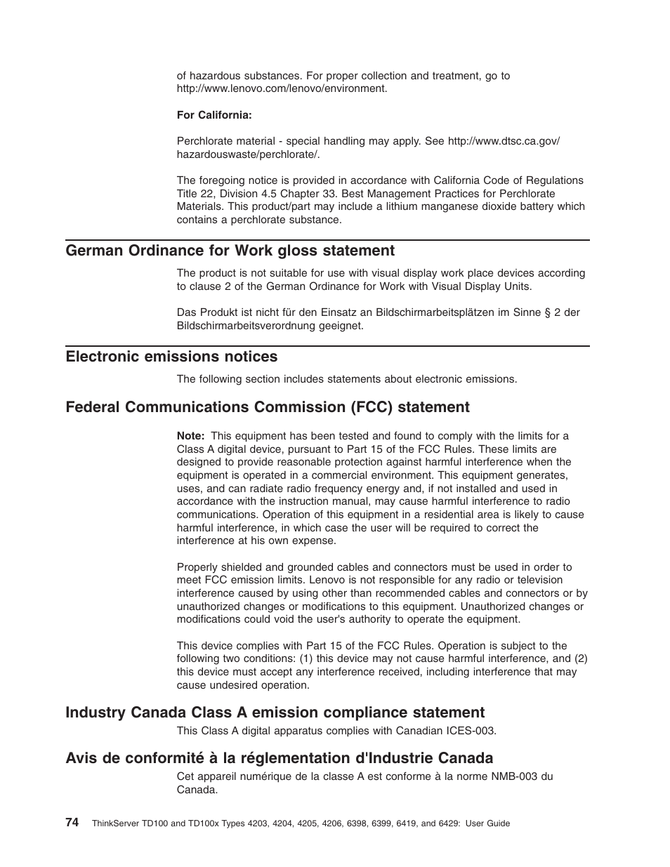 German ordinance for work gloss statement, Electronic emissions notices, Federal communications commission (fcc) statement | German, Ordinance, Work, Gloss, Statement, Electronic, Emissions | Lenovo ThinkServer TD100x User Manual | Page 88 / 98