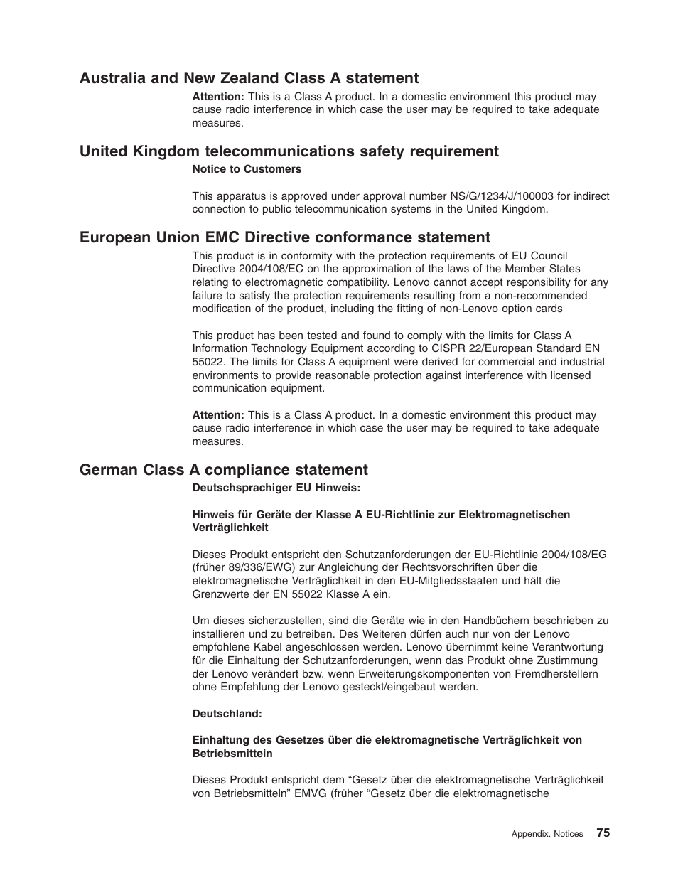 Australia and new zealand class a statement, European union emc directive conformance statement, German class a compliance statement | Australia, Zealand, Class, Statement, United, Kingdom, Telecommunications | Lenovo ThinkServer TD100x User Manual | Page 89 / 98