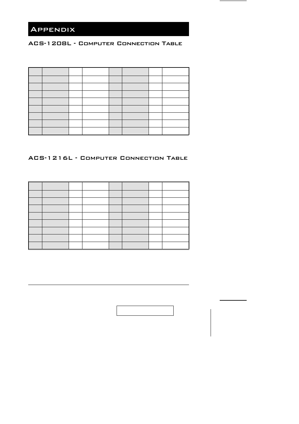 Appendix, Acs-1208l - computer connection table, Acs-1216l - computer connection table | ATEN ACS-1208L User Manual | Page 31 / 35