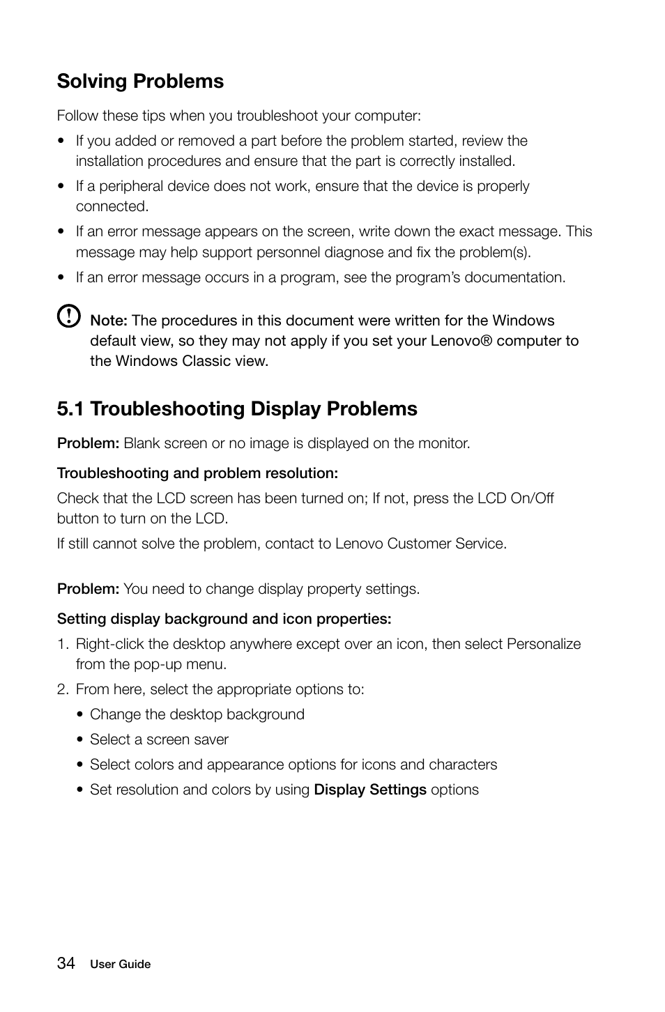 1 troubleshooting display problems, Solving problems | Lenovo IdeaCentre B520 User Manual | Page 39 / 49