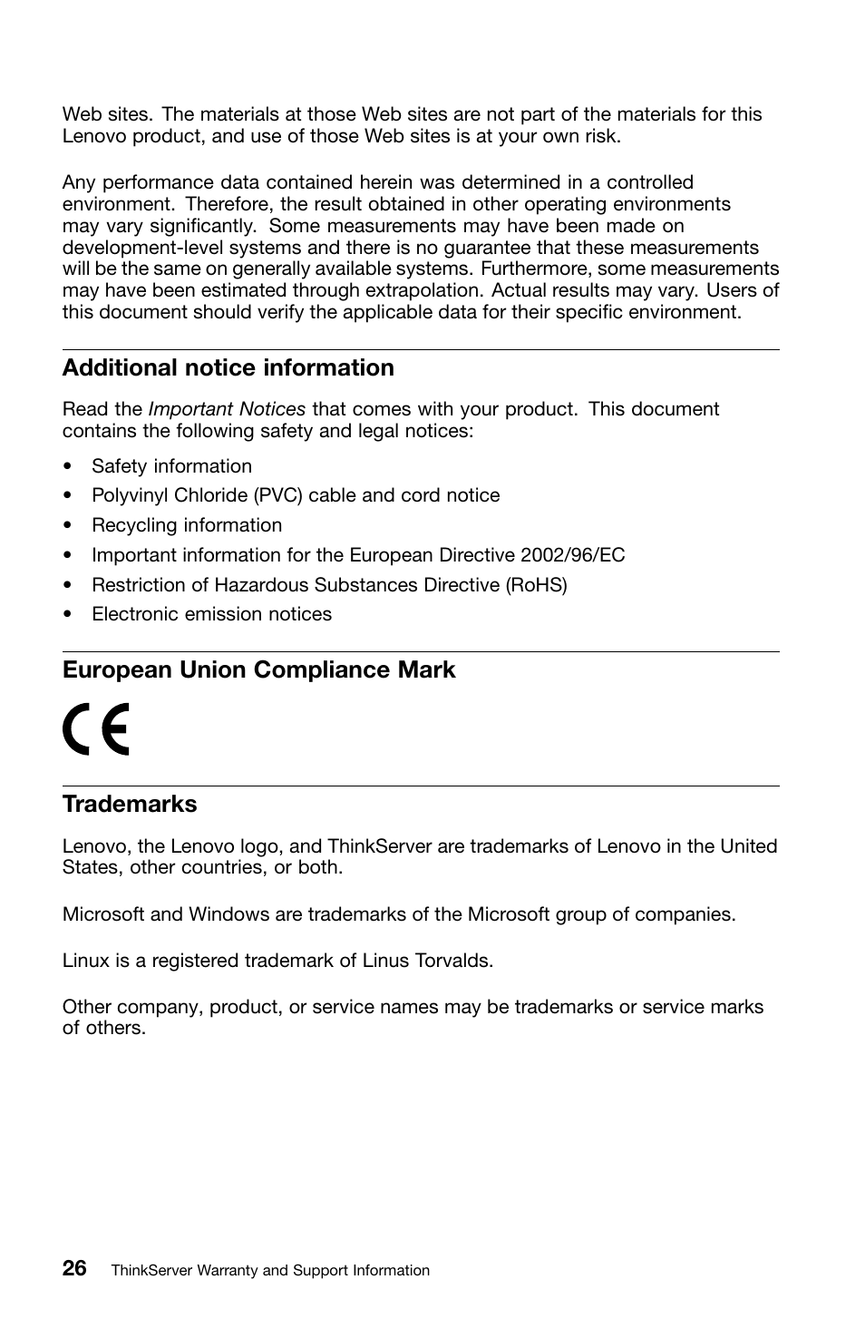 Additional notice information, European union compliance mark, Trademarks | European union compliance mark trademarks | Lenovo ThinkServer RD330 User Manual | Page 34 / 36