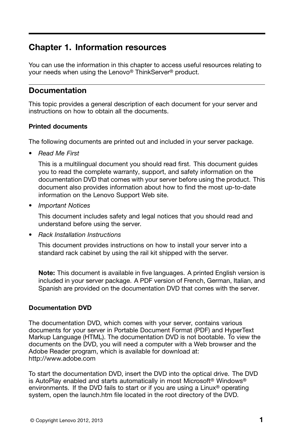Chapter 1. information resources, Documentation | Lenovo ThinkServer RD330 User Manual | Page 9 / 36