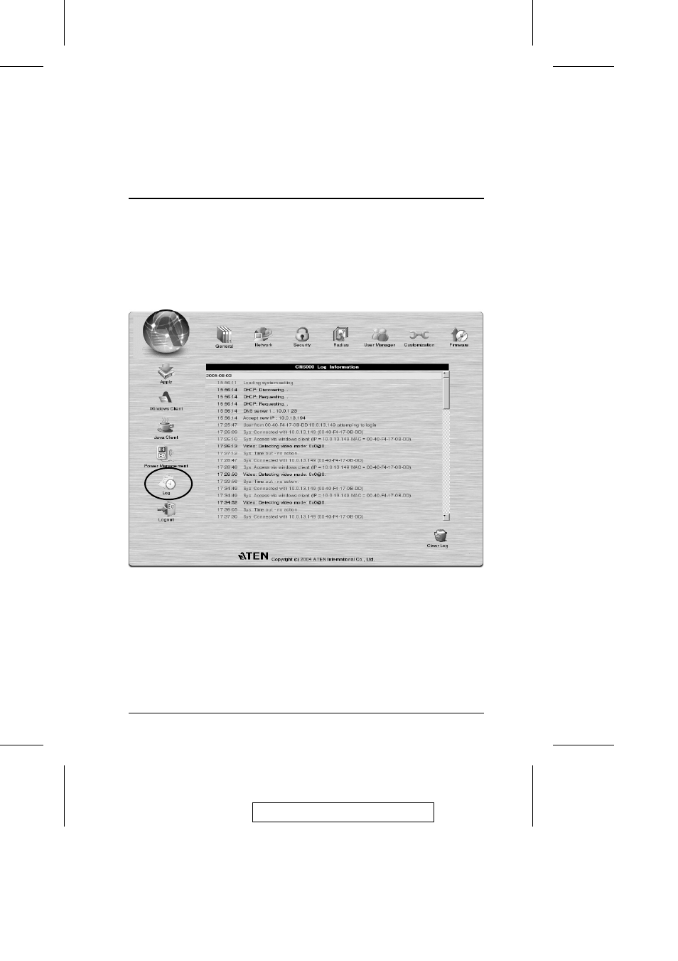 The log file, The log file screen | ATEN CN-5000 User Manual | Page 57 / 110