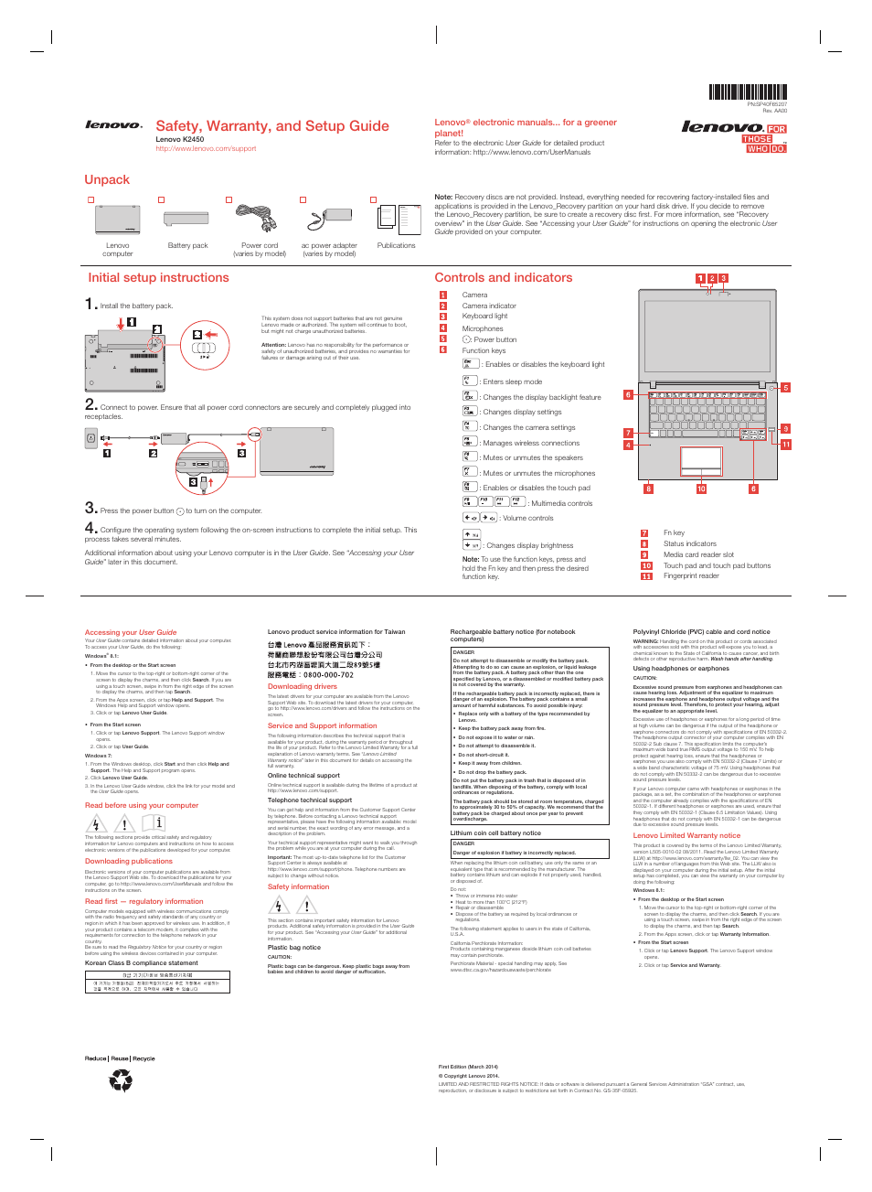 Lenovo K2450 Notebook User Manual | 2 pages