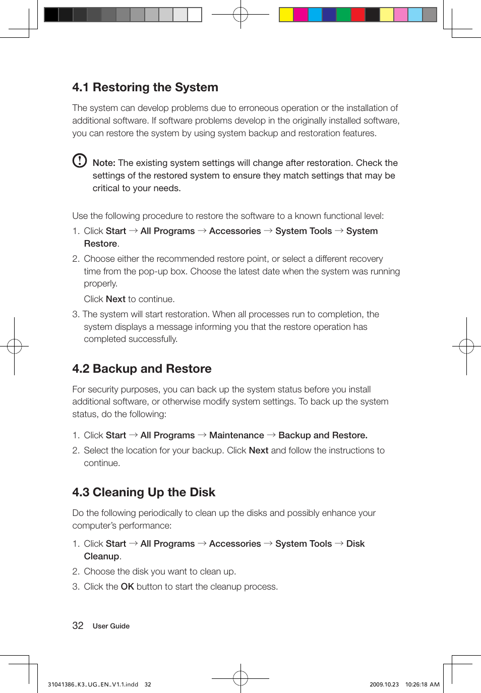 1 restoring the system, 2 backup and restore, 3 cleaning up the disk | Lenovo IdeaCentre K305 User Manual | Page 37 / 45