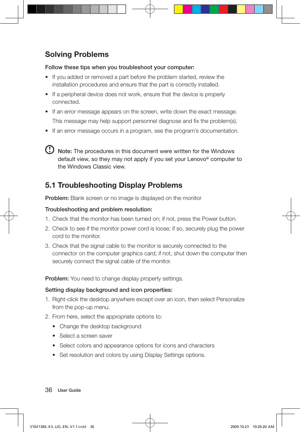 Solving problems, 1 troubleshooting display problems | Lenovo IdeaCentre K305 User Manual | Page 41 / 45