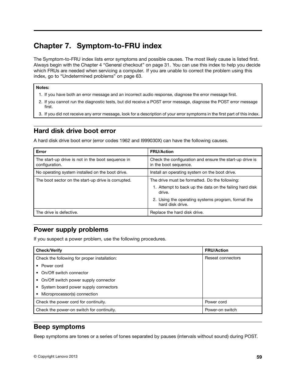 Chapter 7. symptom-to-fru index, Hard disk drive boot error, Power supply problems | Beep symptoms | Lenovo H520g Desktop User Manual | Page 63 / 112