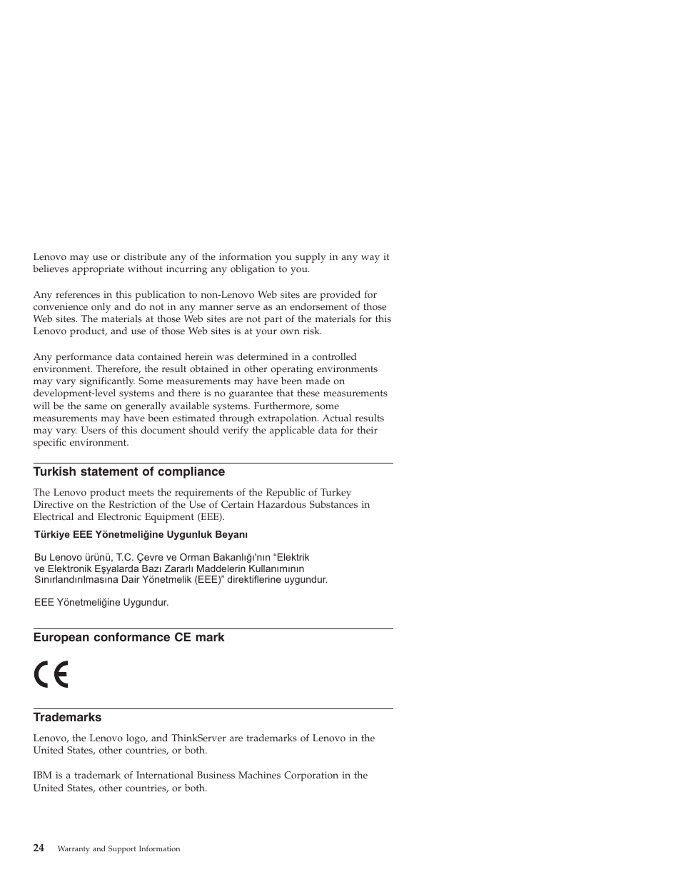 Turkish statement of compliance, European conformance ce mark, Trademarks | Turkish, Statement, Compliance, European, Conformance, Mark | Lenovo ThinkServer RD210 User Manual | Page 30 / 34