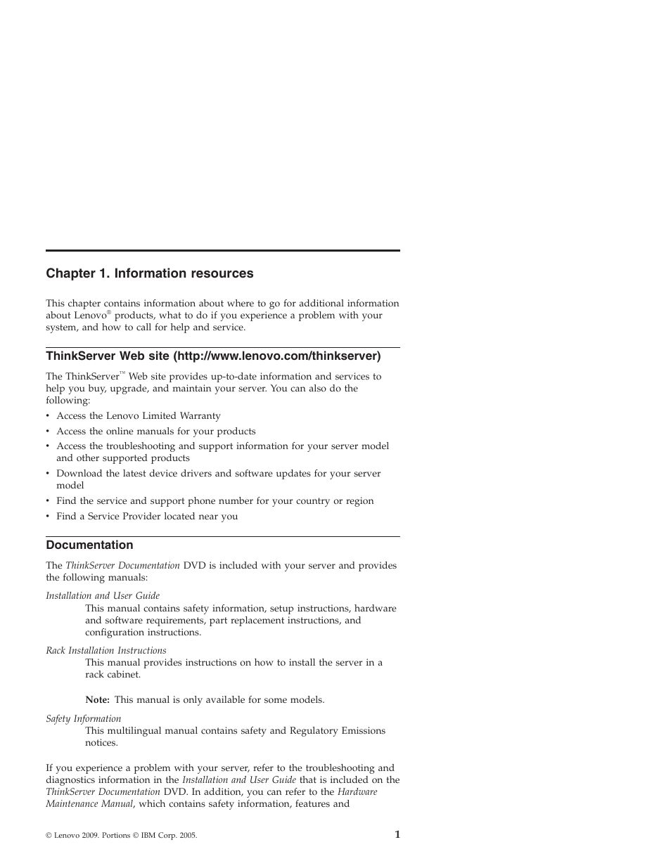 Chapter 1. information resources, Documentation, Chapter | Information, Resources, Thinkserver, Site, Http://www.lenovo.com/thinkserver) | Lenovo ThinkServer RD210 User Manual | Page 7 / 34