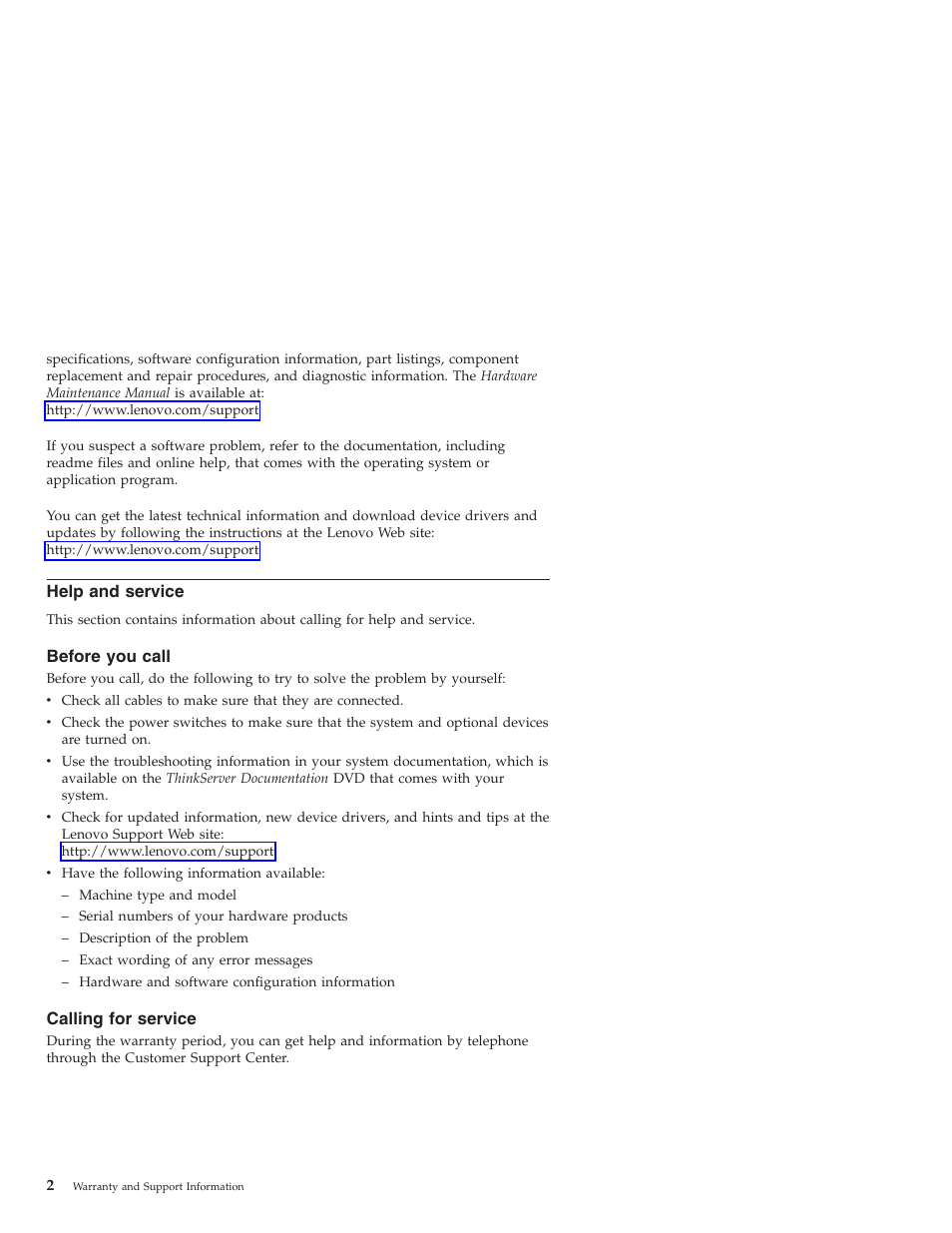 Help and service, Before you call, Calling for service | Help, Service, Before, Call, Calling | Lenovo ThinkServer RD210 User Manual | Page 8 / 34
