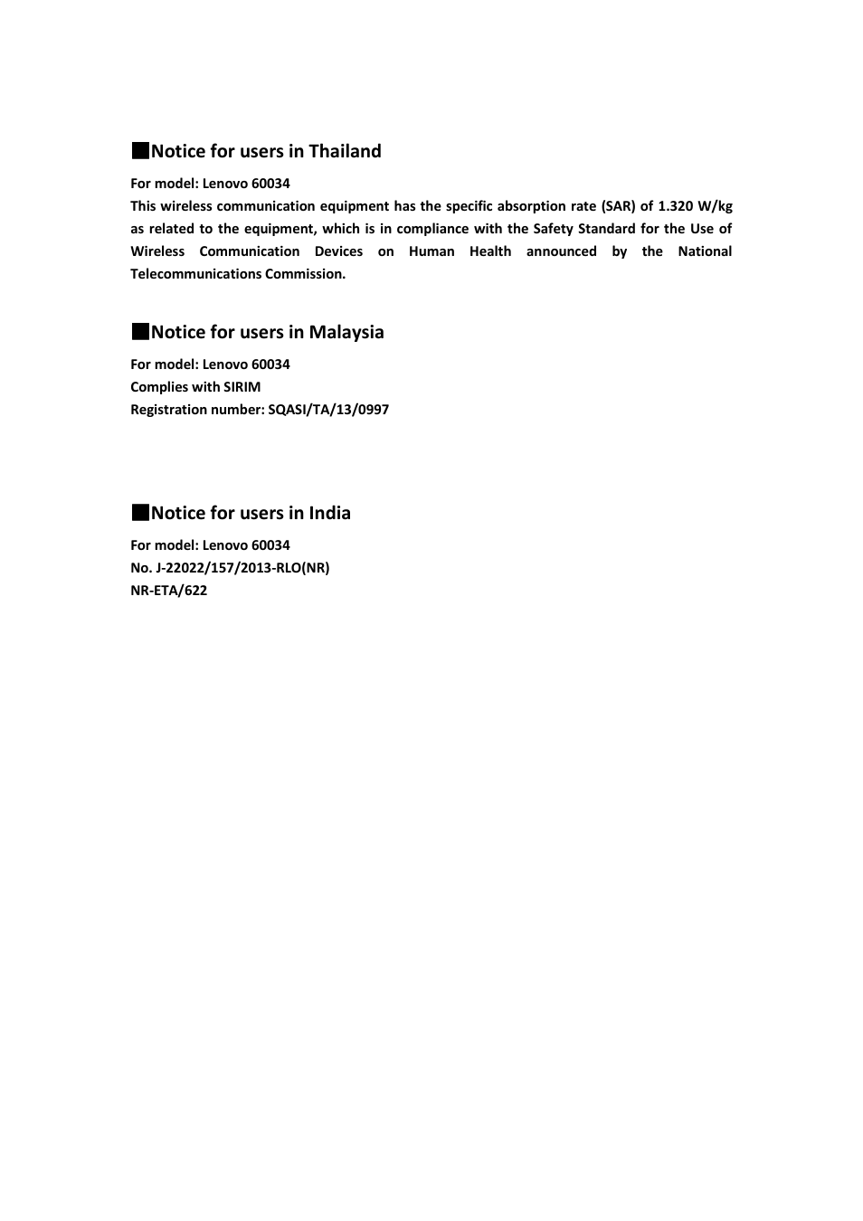 Notice for users in thailand, Notice for users in malaysia, Notice for users in india | Lenovo A3000 Tablet User Manual | Page 2 / 3