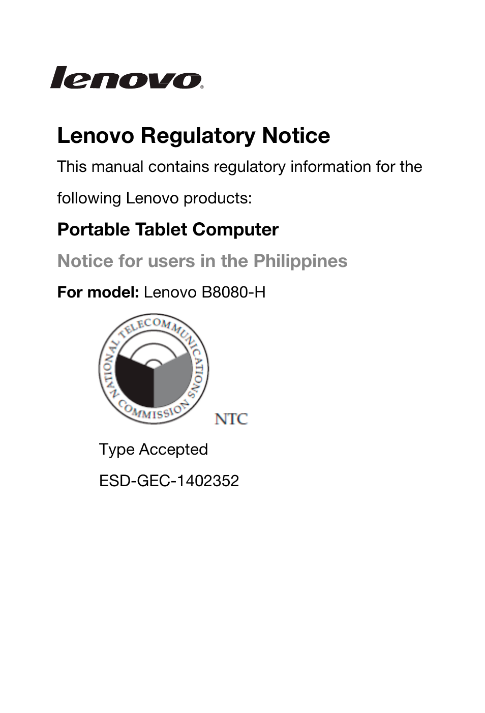 Lenovo Yoga Tablet 10 HD+ B8080 User Manual | 2 pages